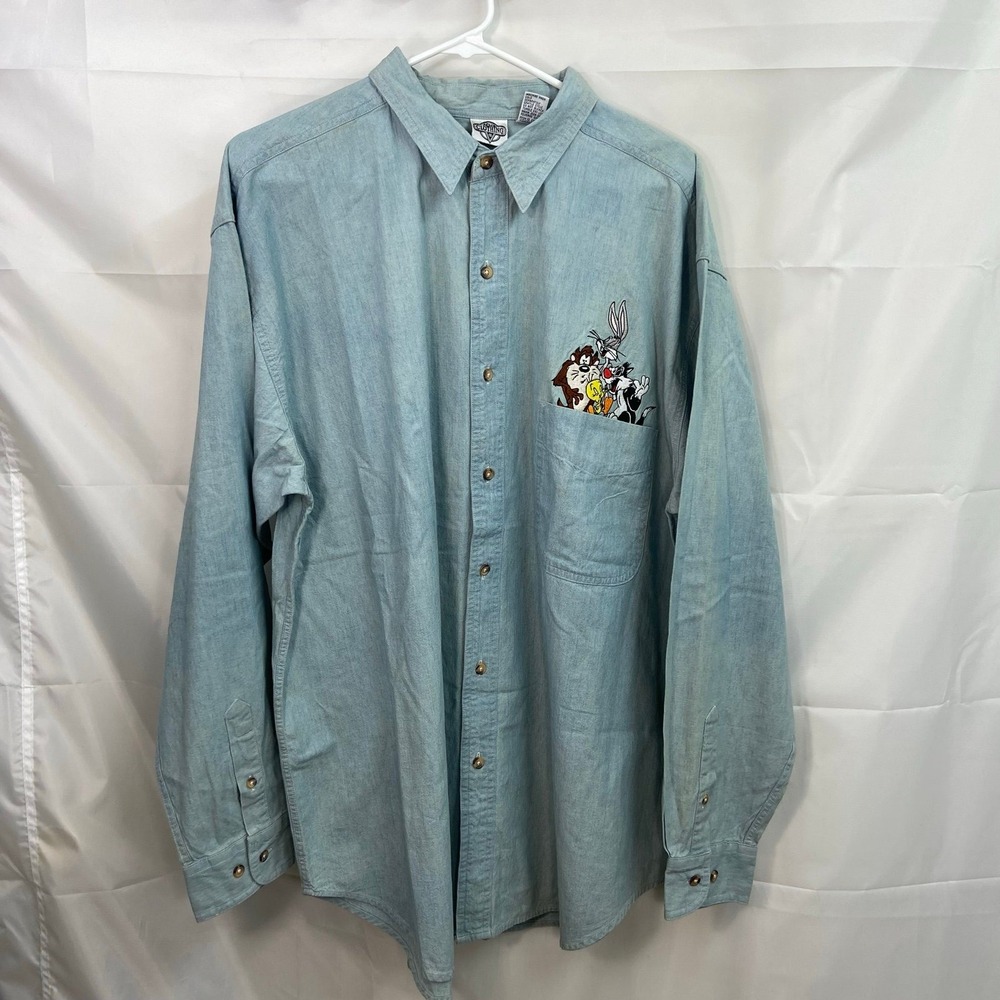 Vintage ACME light wash blue denim embroidered looney tunes button cotton shirt